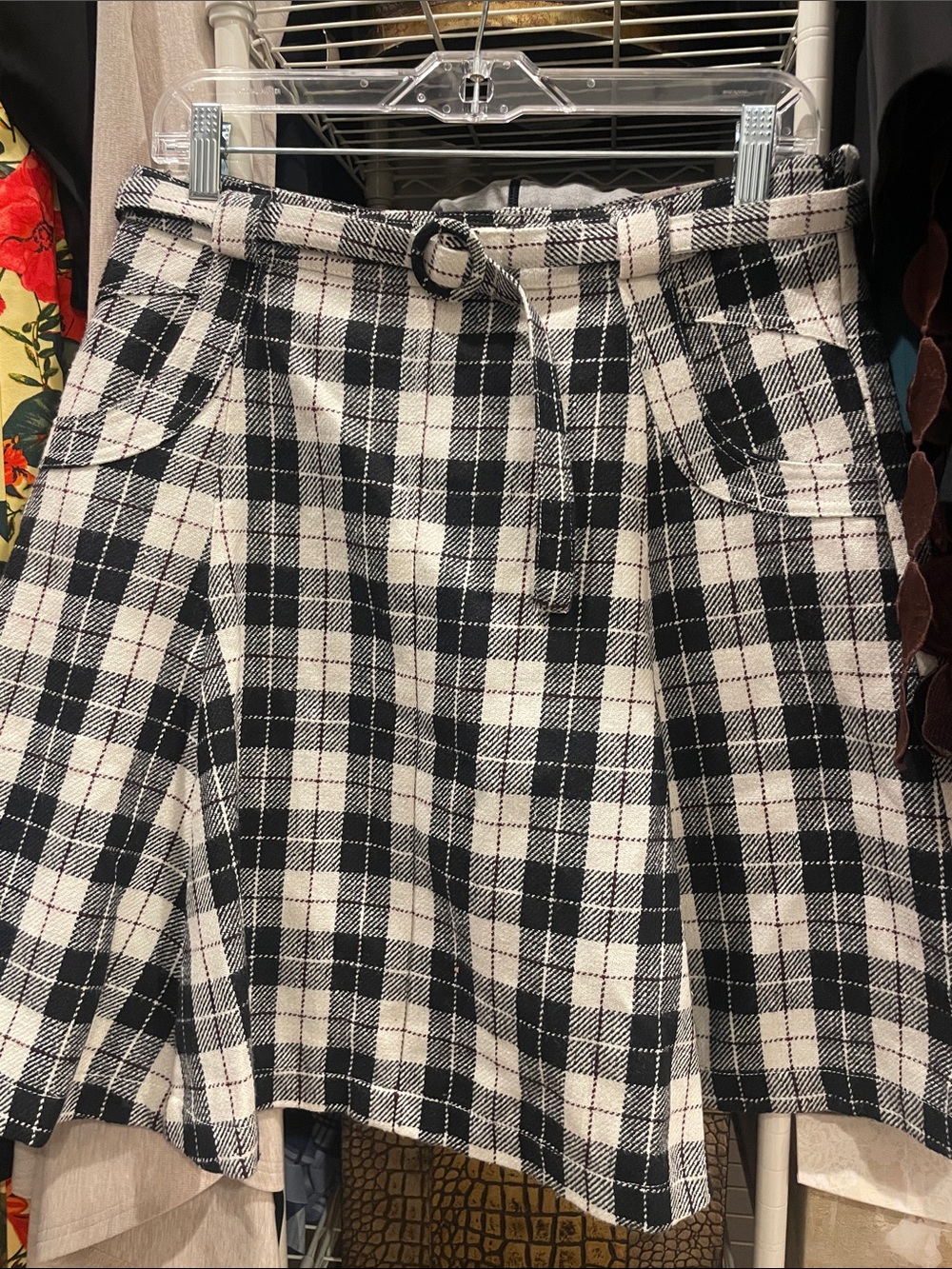 Black & White Plaid A-Line Skirt with Belt